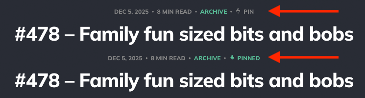 The Pin button shown next to the date and read time above an Issue title, changing to Pinned once clicked